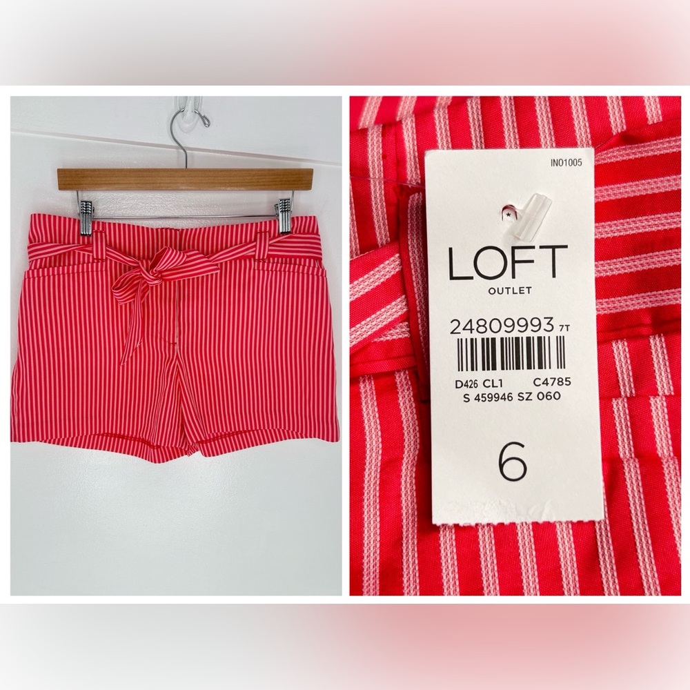 Loft Outlet NWT Tie‎ Waist Shorts Pink White Pinstripe Size 6 Summer NEW
